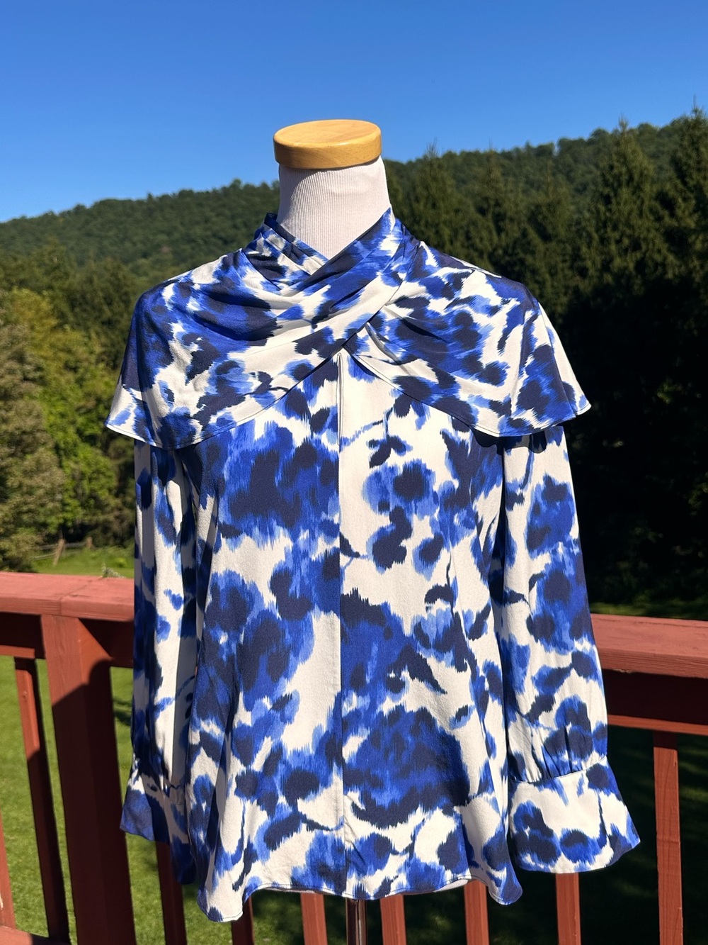 The Fold London 100% Silk Draped Collar Watercolor Floral Long-Sleeve Blouse